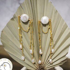 Elegant Gold and White Pearl Chain Earrings